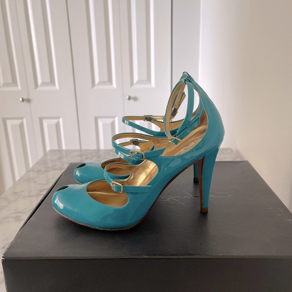 Beautiful patent teal turquoise blue report signature open toe heels - Picture 2 of 3
